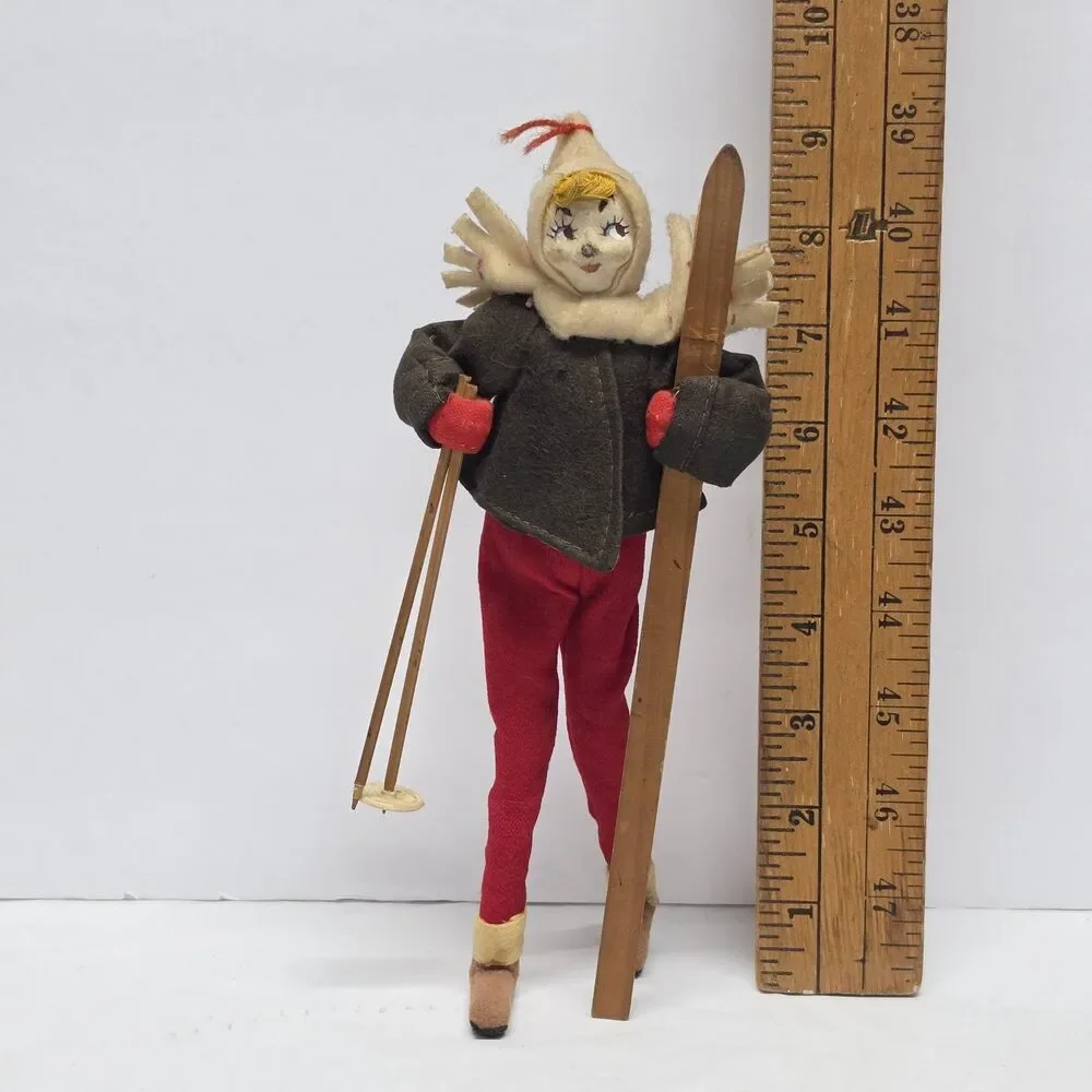 Vintage MCM Roldan Klumpe Spain Skier Felt Cloth Doll Wood Skis & Poles AS IS